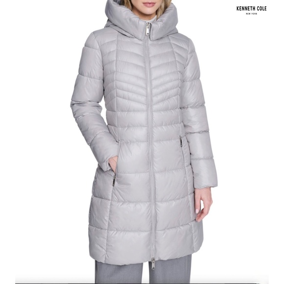KENNETH COLE NEW YORK NWT SILVER SOFT CIRE FUNNEL NECK PUFFER COAT. SIZE L - Picture 1 of 13